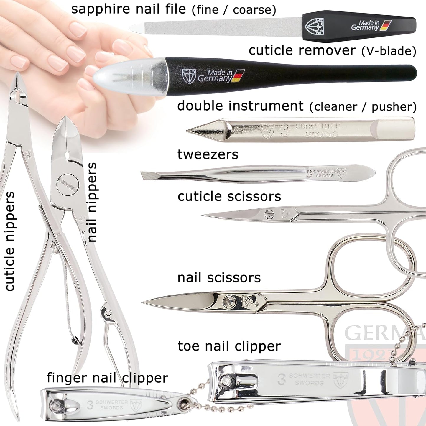 3 Swords Germany - brand quality 10 piece manicure pedicure grooming kit set for professional finger & toe nail care scissors clipper fashion leather case in gift box, Made by 3 Swords (6226)