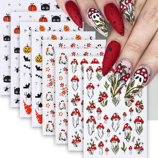 8Pcs Halloween Nail Art Stickers Decals Cute Ghost Pumpkin 3D Self Adhesive Nail Decals Flower