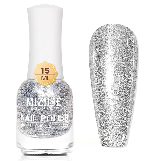 MIZHSE Quick Dry Glitter Nail Polish, Silver Nail Polish Air Dry Fast, 15ml 0.5 fl oz High Glossy