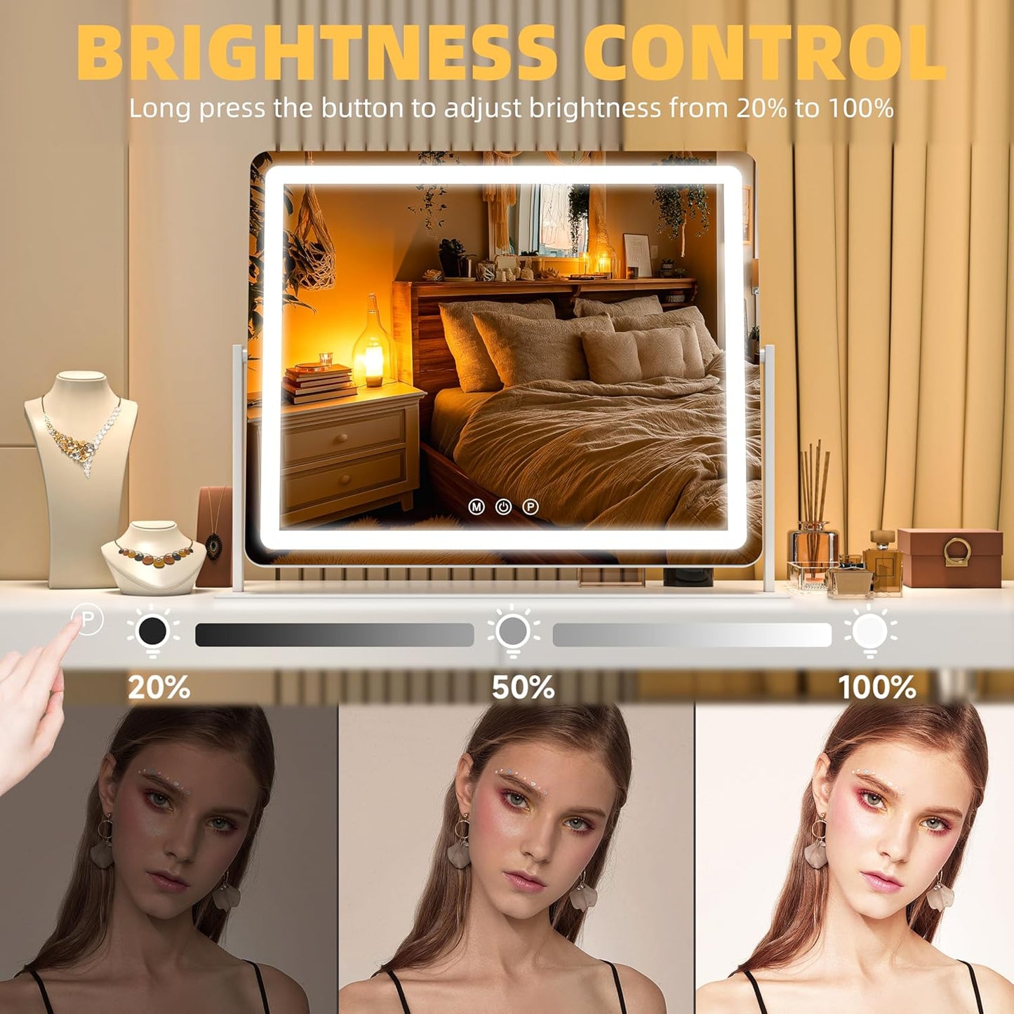 Vanity Mirror with Lights, 34'' x 25.6'' Lighted Makeup Mirror, Touch Screen with 3-Color Lighting, Dimmable for Vanity Desk Tabletop Round White