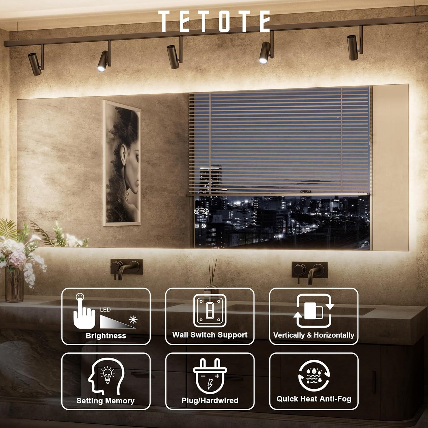 TETOTE 30 x 36 Inch LED Backlit Bathroom Mirror with Lights, 3Color White/Warm/Natural, Anti-Fog Lighted Mirror,Dimmable,Vanity Mirror,Wall Mounted