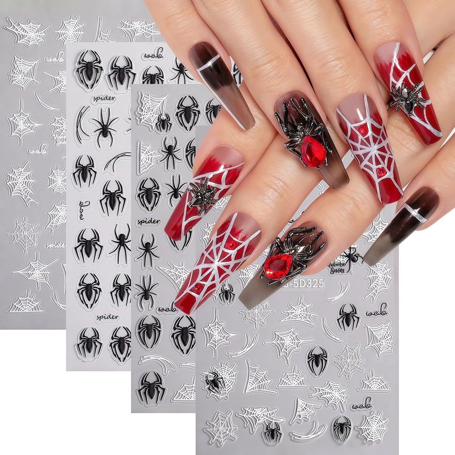 Halloween Nail Art Stickers Decals Black White Spider Web Spider Pattern Design 3D Self-Adhesive Nail Stickers Halloween Spider Nail Art Decals for Women DIY Festival Salon Manicure Decoration