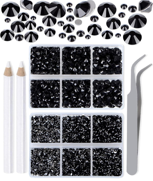 LPBeads 6000 Pieces Black Non Hotfix Rhinestones 6 Sizes Round Crystal Glass Flat Back Rhinestones