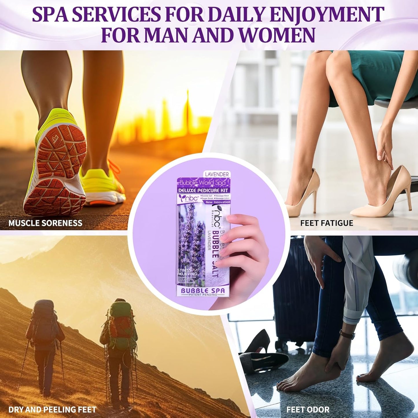 Pedicure Kit Foot Soak Set: Bubble Salt, Sugar Scrub, Massage Mask, Massage Lotion in a Box, 4 Step Foot Spa Kit for Dry Feet,Tired Feet（1 Set Lavender)