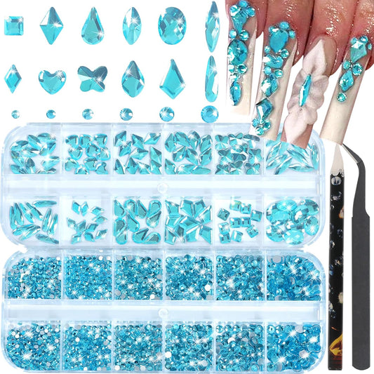 Nail Rhinestones - 3D Multi Shape Size, Flat Back, Manicure Rhinestones Charms, Crystal Lake Blue