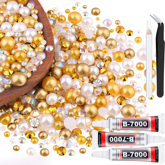 80g Flatback Pearls and Rhinestones for Crafting, White Brown 3-10mm Resin Rhinestones and Half