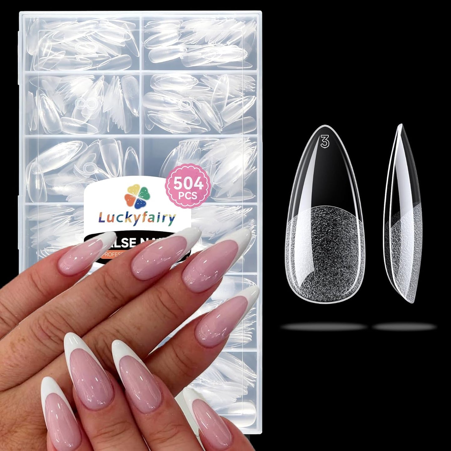 Medium Almond Nail Tips, 504pcs Soft Gel Pre-Filed Acrylic Almond Fake Nails, Half Matte Full Cover Clear Press on Flase Nail Tips for Nail Extension Home DIY 12 Sizes