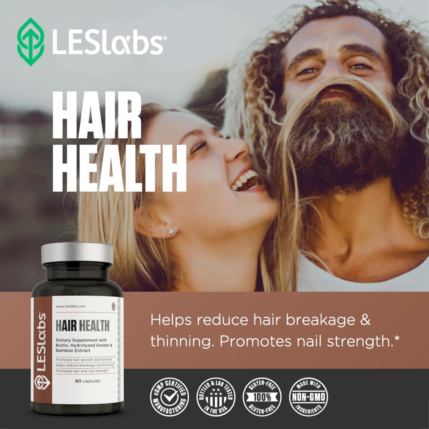 LES Labs Hair Health – Hair Growth & Nails Supplement, Improved Thickness, Strength & Fullness – Keratin, Biotin, Pumpkin Seed & MSM – 60 Capsules