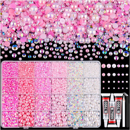 9000PCS Flatback Pearls and Rhinestones for Bedazzling, Pink White 3-10mm Resin Rhinestones and