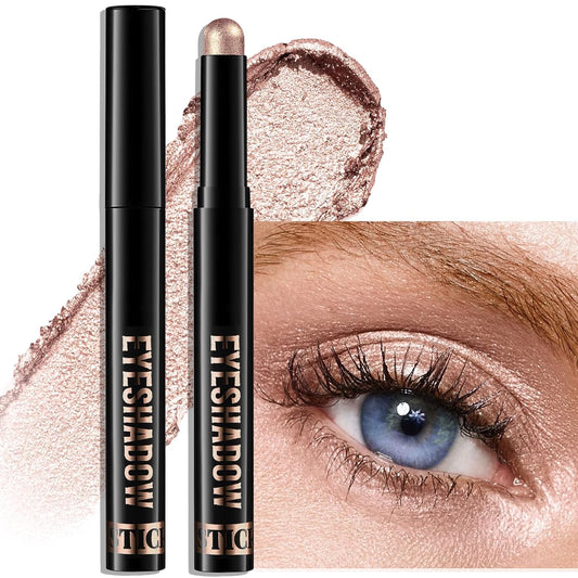 Champagne Pink Shimmer Eyeshadow Stick, Waterproof Cream Eye Shadow Pencil Long-Lasting Crease-Proof Glitter Eyeshadow Crayon Smooth High Pigmented Highlighter Neutral Eye Shadow Liner Makeup