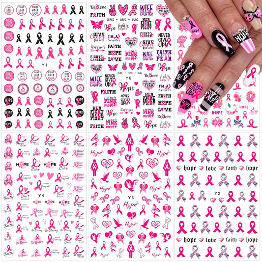 6 Sheets Breast Cancer Nail Art Stickers 3D Self-Adhesive Nail Decals Pink Ribbon Nail Stickers