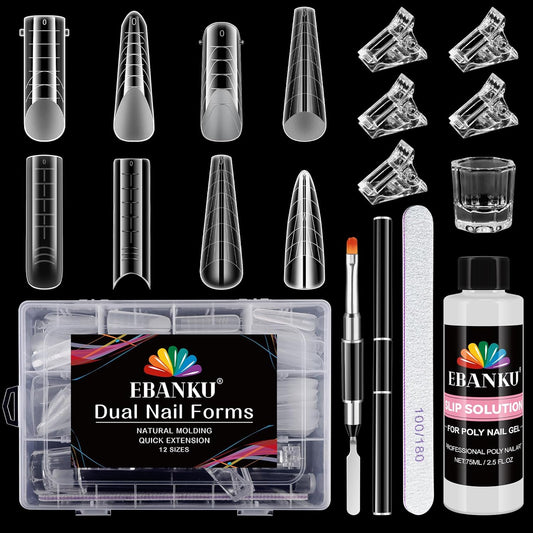 Poly Gel Nail Form Kit, EBANKU 192PCS Reusable Nail Extension Mold Dual Forms with 5Pcs Clips, 75ML