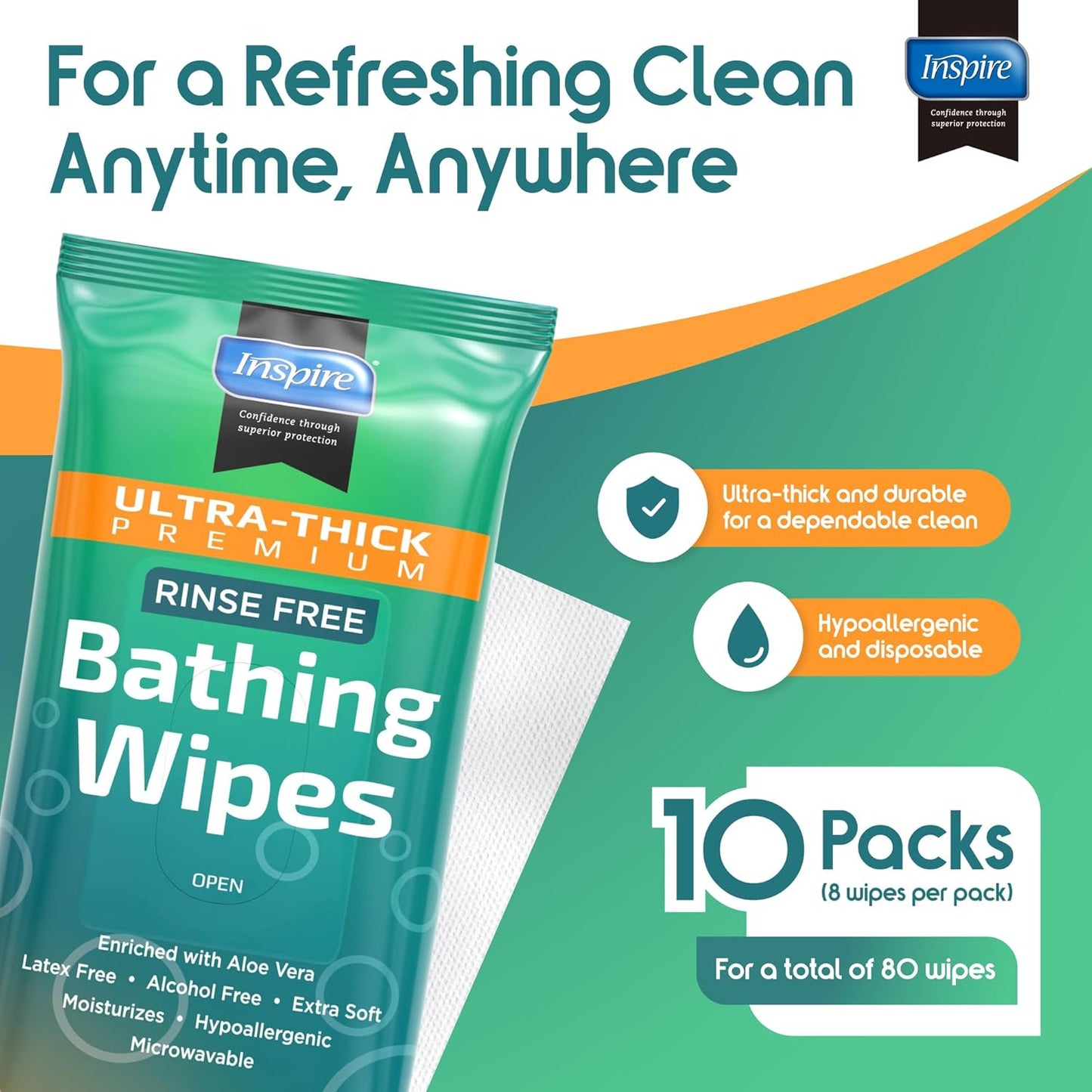 Inspire Ultra Thick Rinse-Free Bath Towels | Shower Towels - Flush-Free Wet Wipes with Aloe | Thick Strong Extra Large Towel for Adults | Body Wipes for Adults Bathing No Rinse