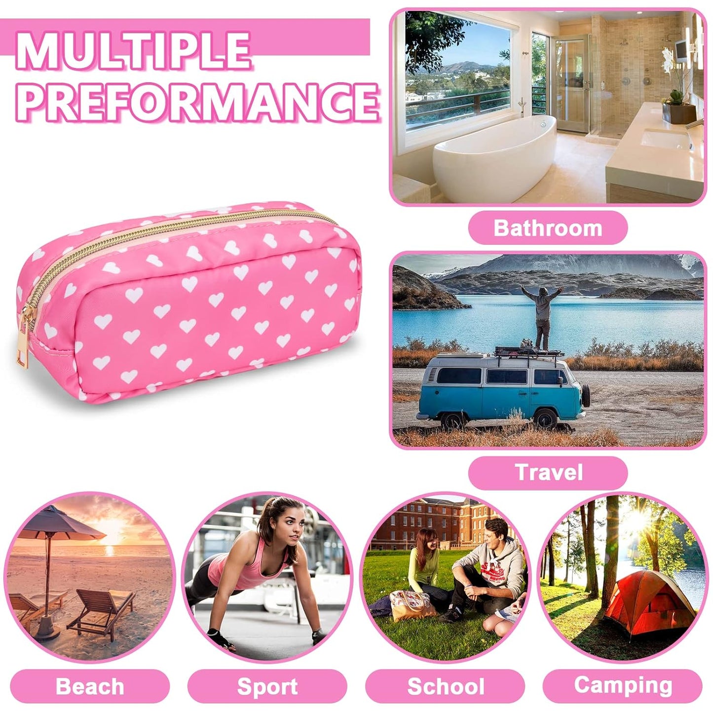 Small Pencil Case Makeup Bag for Purse, Cute Pencil Pouch Preppy Nylon Makeup Brush Bag with Zipper , Girls Portable Stationery Storage Case Small Pen Bag for Office School College(Slim-Pink Heart)