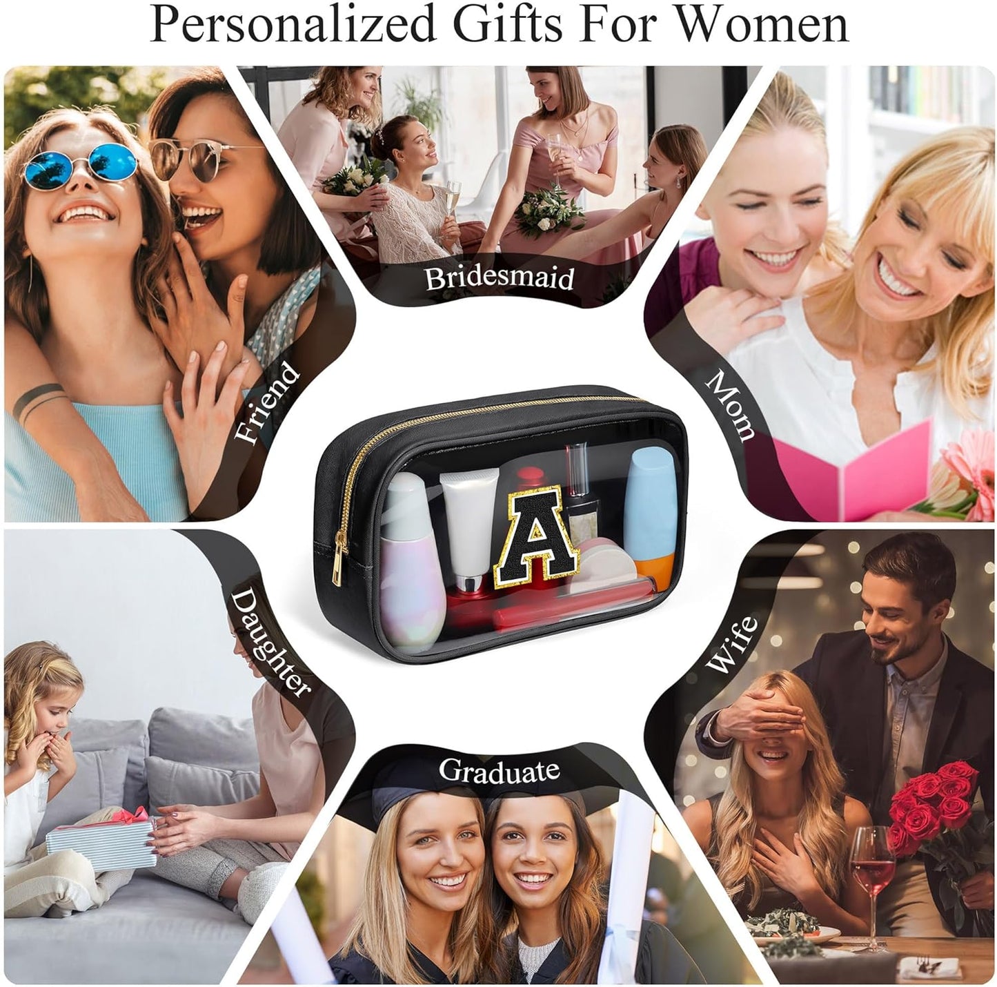 YOOLIFE Travel Toiletry Bag for Women, Black Clear Makeup Bag Cute Make Up Bag for Women Cosmetic Bags Skin Care Makeup Bag Organizer Birthday Gifts for Women Teacher Mother Girlfriend Initial T