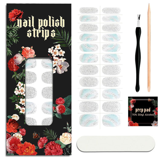 Nail Polish Strips - 22 Pcs Salon Quality Gel Nail Stickers - Long Lasting Wraps (Crystal Ice