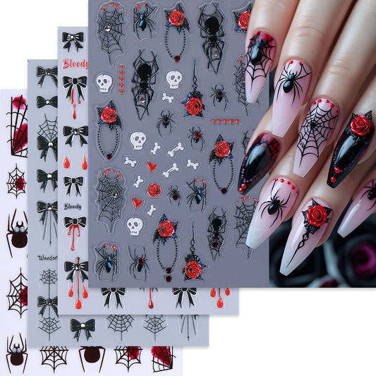 Red Black Halloween Nail Art Stickers Decal 5D Embossed Flower Spider Web Nail Stickers with