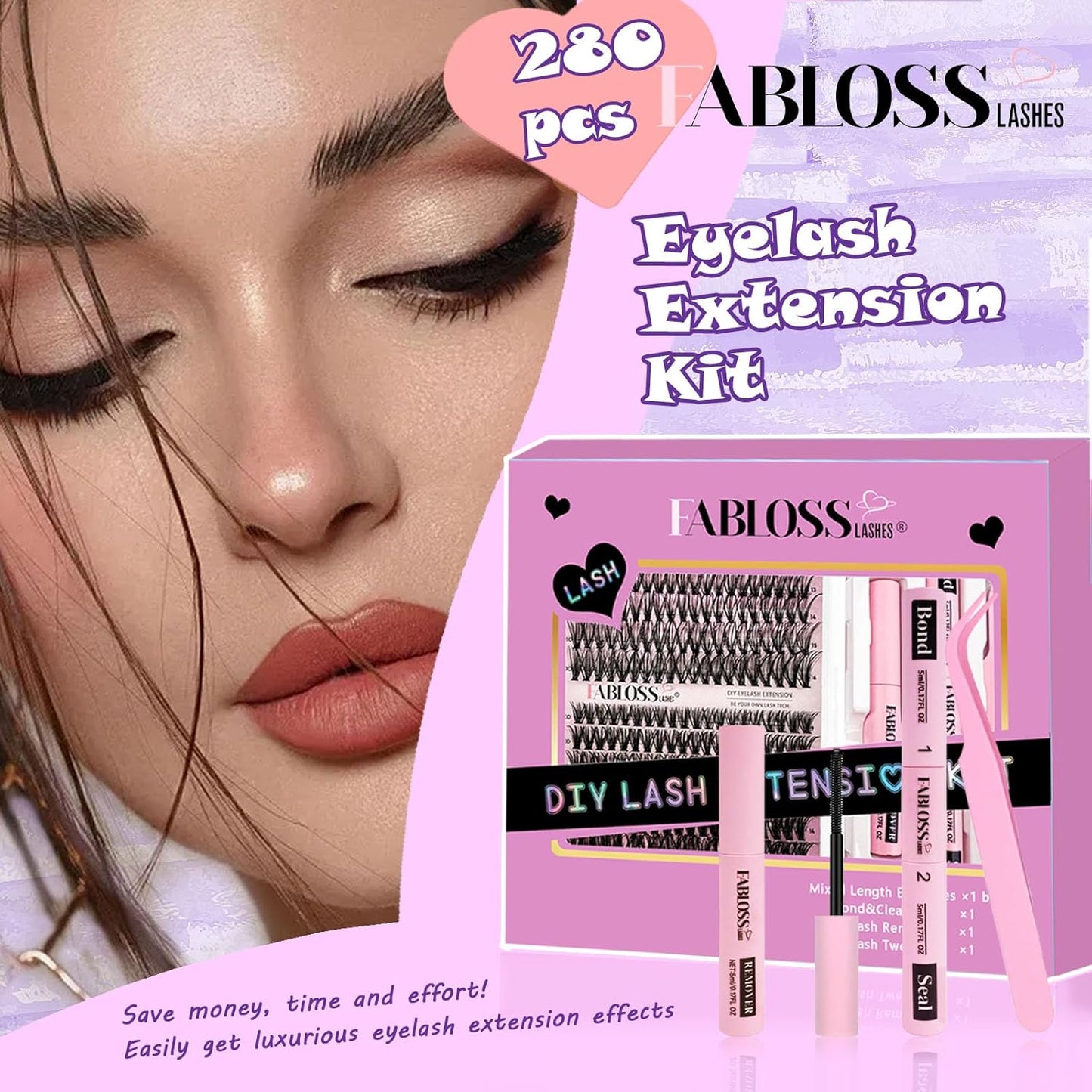 Lash Clusters Kit Fluffy 280Pcs Lash Clusters DIY Eyelash Extension Kit 30D+40D Individual Lashes Clusters Kit with Lash Bond and Seal, Lash Remover, Lash Tweezers(30D+40D, 9-16mm, Kit)
