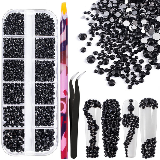 6 Sizes Black Glass Crystal Kit with Pickup Pen + Tweezer Tools for Shine Nail Art Manicure Makeup