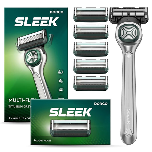 DORCO SLEEK Six Blade Razor System Bundle with Multi-Flex Technology, Ergonomic Handle With Precision Shaving Razor Replacements, 6 Cartridges