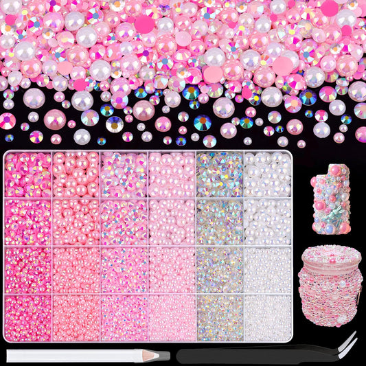 9000Pcs Flatback Pearls and Rhinestones for Crafting, Pink White Mixed Size 3-8mm Resin Rhinestones