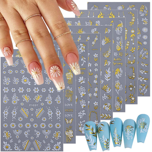 Gold Flowers Nail Stickers for Nail Art, 8Pcs Butterfly Daisy Leaves Design White Gold Nail Art Stickers 3D Self-Adhesive Nail Supplies Metal Petal Nail Decals for Women Nail Decorations Charms