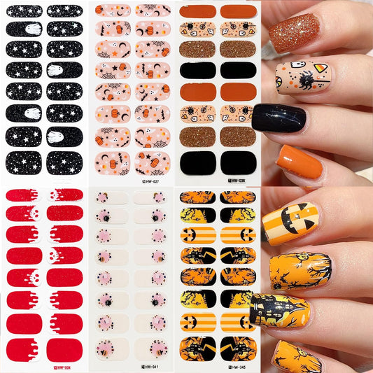 6 Sheets Spooky Halloween Gel Nail Stickers Bat Nail Wraps for Short Nails Self-Adhesive Ghost Full