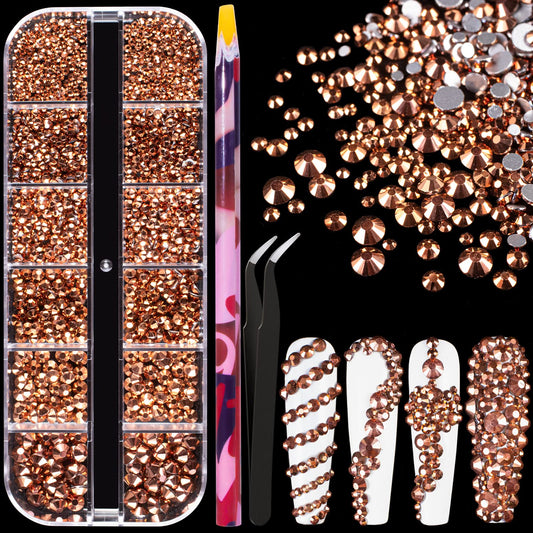 6 Sizes Rose Gold Glass Crystal Kit with Pickup Pen + Tweezer Tools for Shine Nail Art Manicure