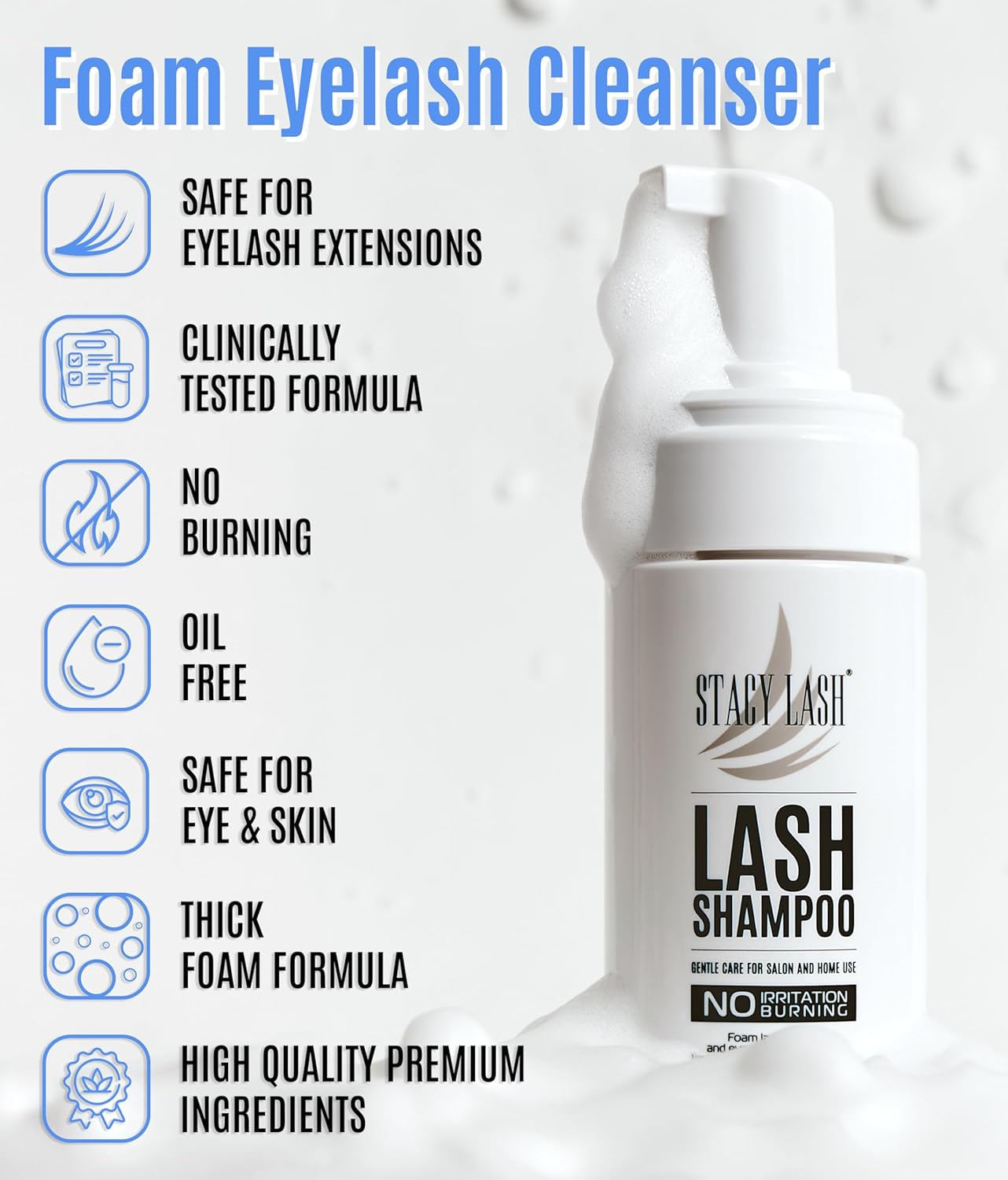 STACY LASH 6.76 fl.oz / 200ml Eyelash Extension Shampoo + Brush/Eyelid Foaming Cleanser/Wash for Extensions & Natural Lashes/Safe Makeup Remover/Supplies for Professional & Home Use