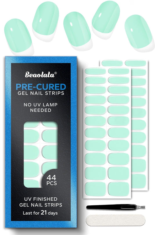Pre Cured Gel Nail Strips - 44PCS Salon Quality Gel Nail Stickers - Long Lasting Polish Wraps for