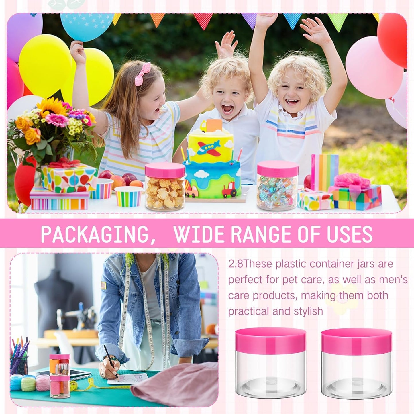 SATINIOR 24 Pieces Empty Clear Plastic Jars with Lids Round Storage Containers Wide Mouth for Beauty Product Cosmetic Cream Lotion Liquid Butter Craft and Food(Pink Lid,2 oz)