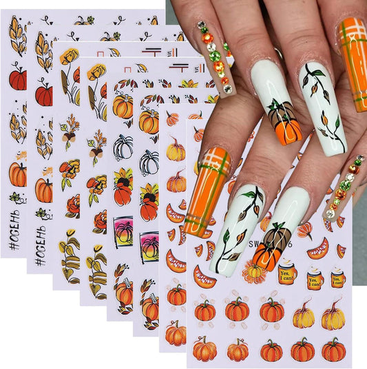 Pumpkin Nail Stickers Fall Nail Decals 3D Self Adhesive Nail Art Stickers Orange Flower Fallen