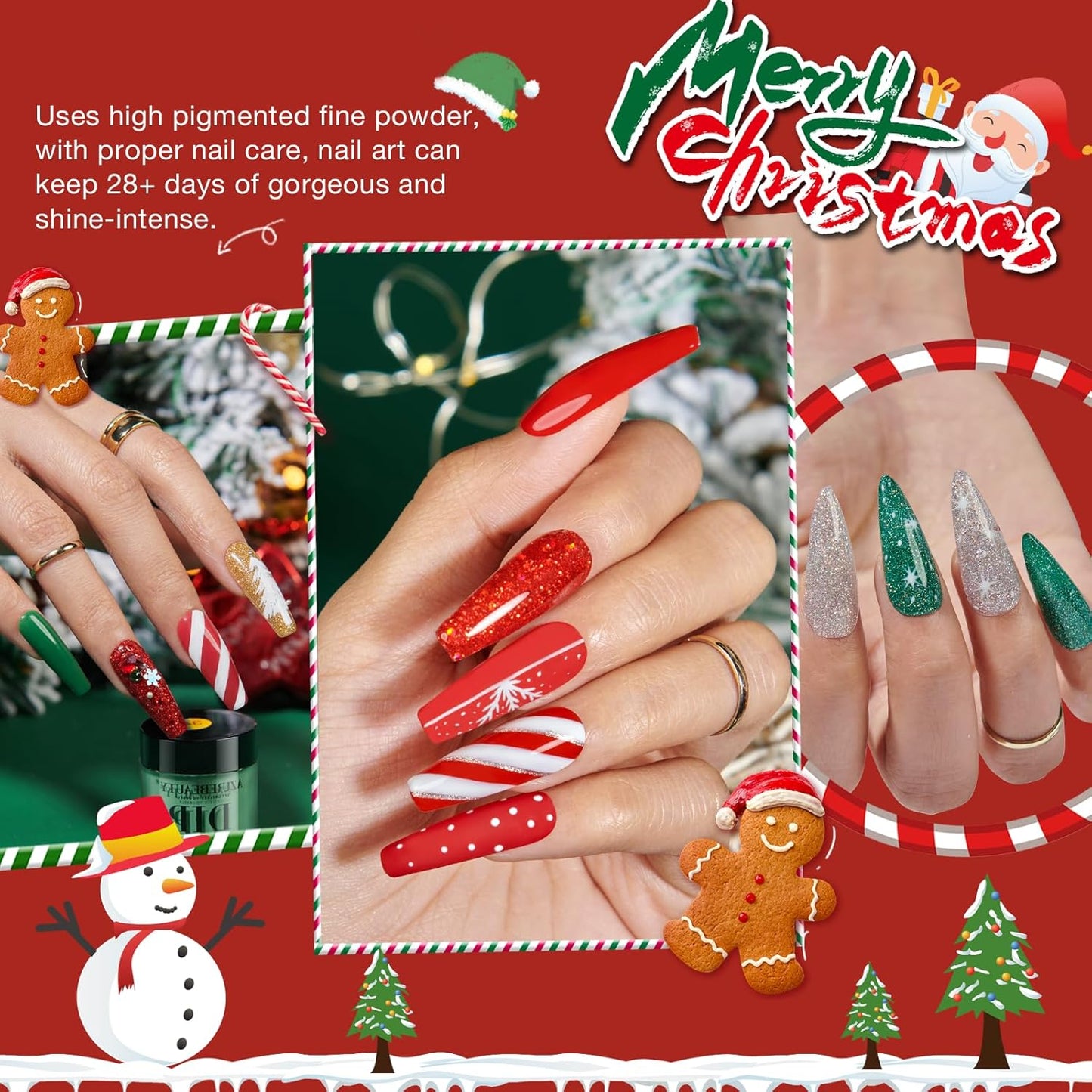 AZUREBEAUTY 30Pcs Dip Powder Nail Kit Starter, 8 Colors Green Red Gold Silver White with Nail Sticks, Nail Art Liquid Set with Matte/Base/Top Coat Activator for French Manicur