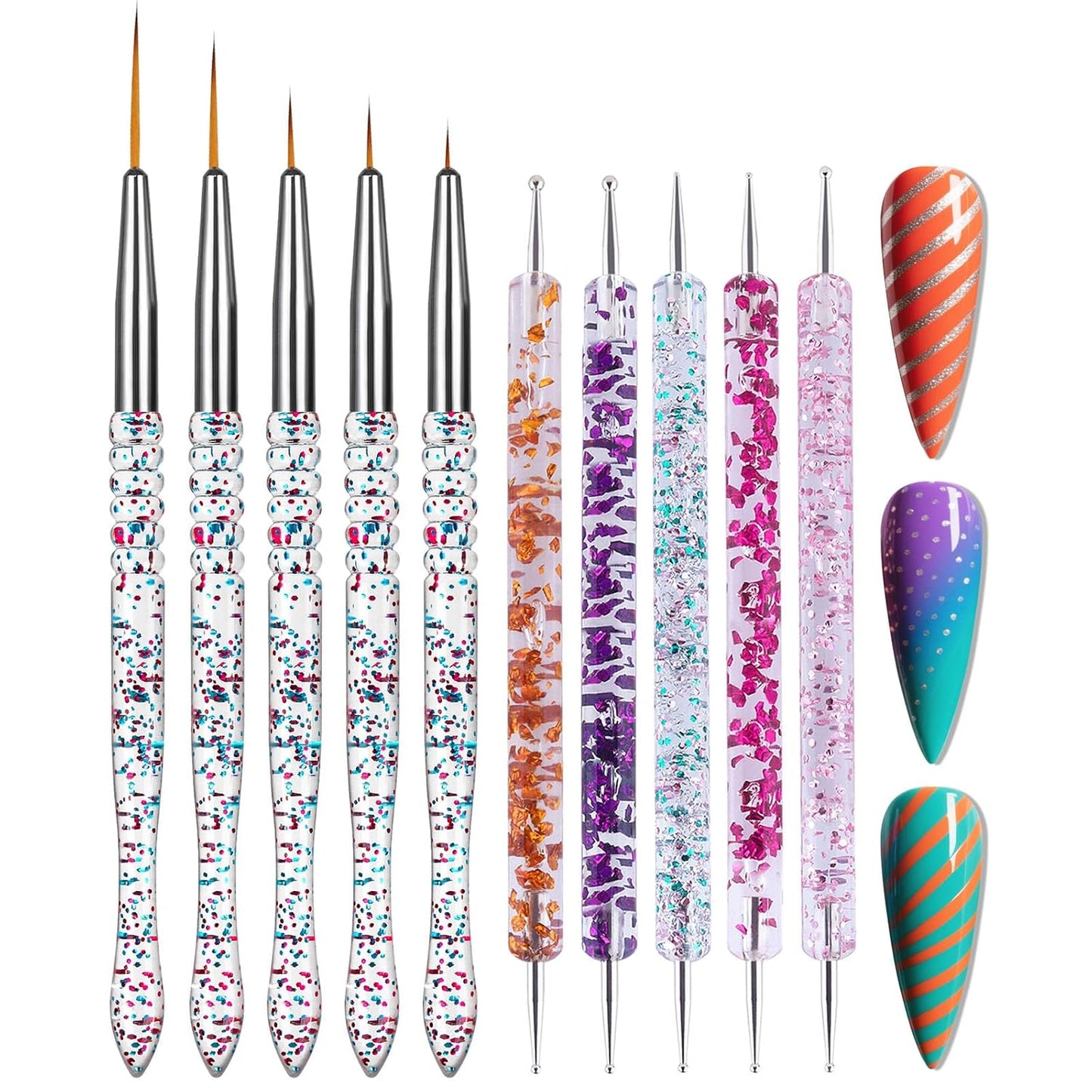 Artdone 10pcs Nail Art Brushes Set, Dotting Tools,Striping Brushes for Long Lines, Thin Details, Sculpting Pattern Tracing Stylus, Ball Embossing Stylu,Fine Drawing Pen For Gel Polish Design Supply