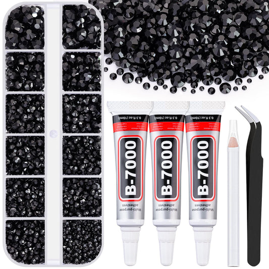 6000Pcs Resin Rhinestones for Bedazzling with 3Pcs B7000 Jewelry Glue, 1 Box Black Flatback Rhinestones for Crafting Crafts DIY, Crystals Gems for Clothing Shoes Tumblers Nail Art Makeup