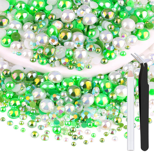 80g Flatback Pearls and Rhinestones for Crafting, Green Mixed Size 3-10mm Resin Rhinestones and
