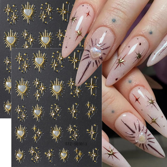 5D Star Nail Art Stickers Gold Nail Decals Rhinestone Design 2PCS Embossed Self-Adhesive Heart Star