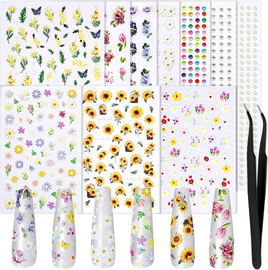 FANDAMEI Nail Decals, 7 Sheets 5D Embossed Flower Nail Stickers, Nail Stickers for Nail Art, 10 PCS