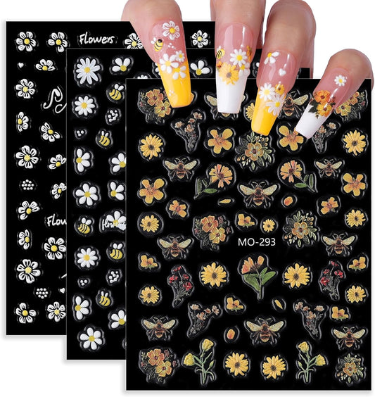Bee Nail Stickers 3 Sheets Self-Adhesive Daisy Nail Decals White 5D Embossed Floral Nail Art