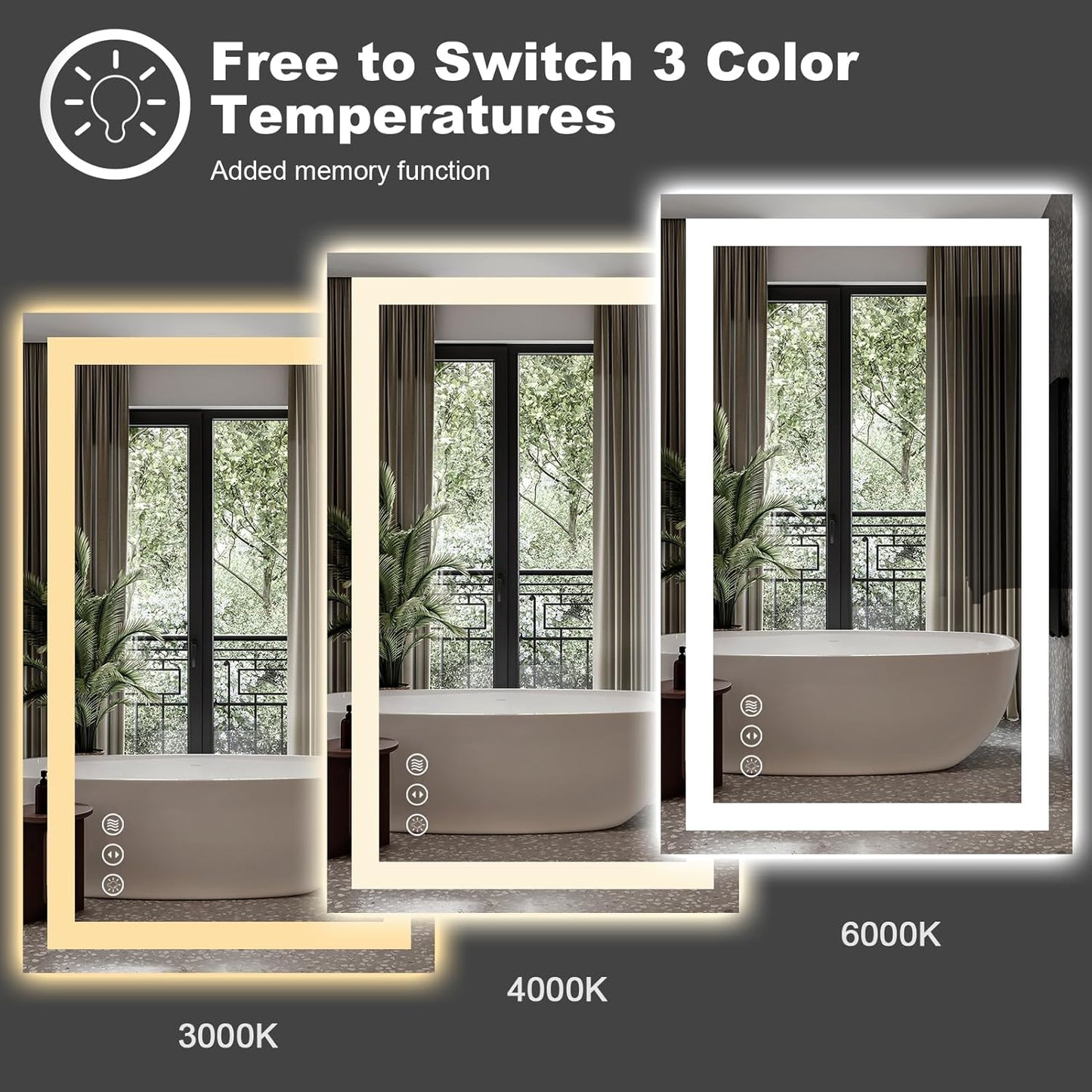 Amorho LED Bathroom Mirror 60" X32" with Front and Backlight, Stepless Dimmable Wall Mirrors with Anti-Fog, Shatter-Proof, Memory, 3 Colors, Double LED Vanity Mirror