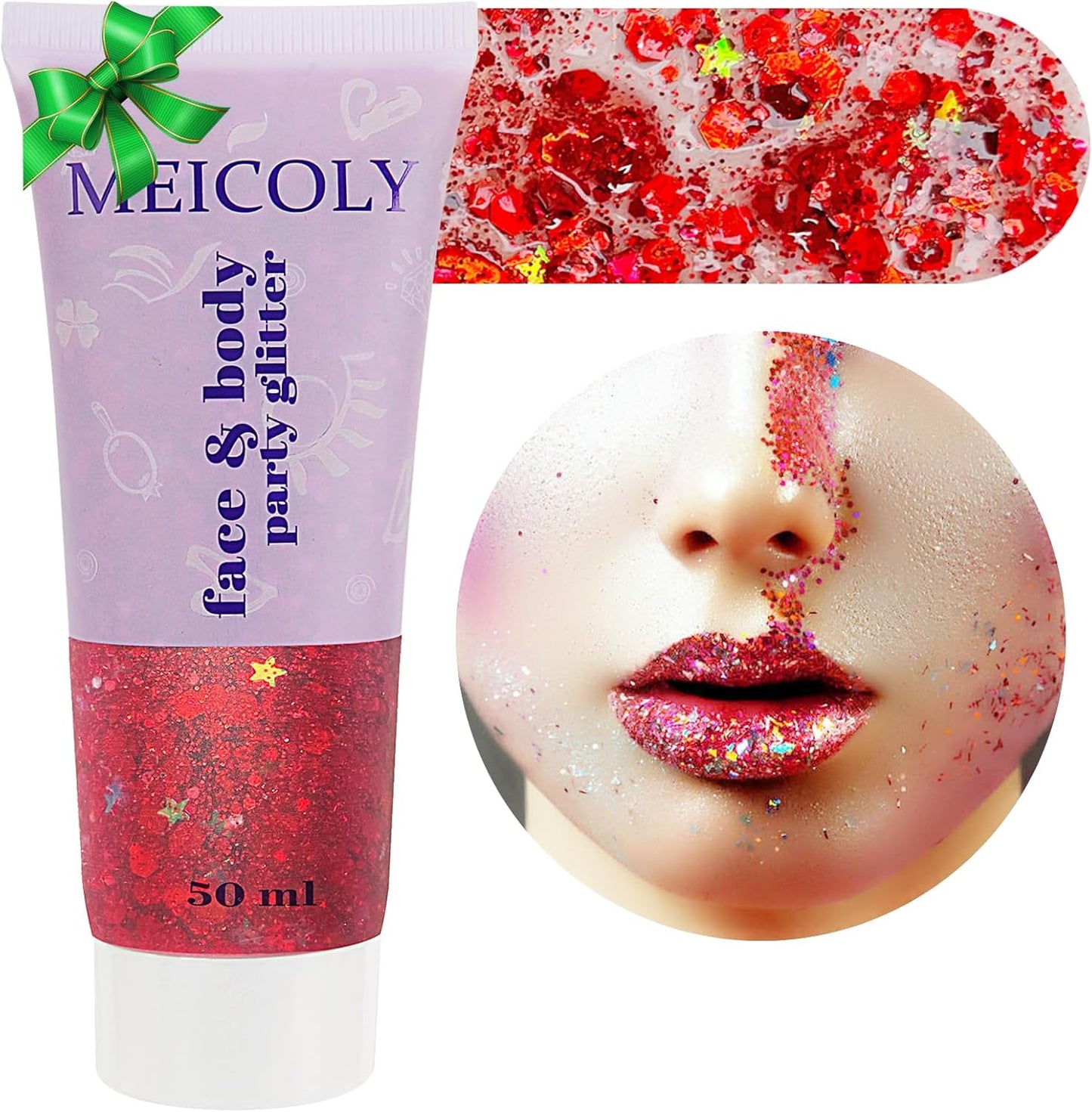 MEICOLY Red Face Body Glitter,Christmas Face Glitter Gel,Stocking Stuffers for Christmas,Sparkling Glitter Face Paint,Festival Rave Accessories Glitter Makeup,Mermaid Body Glitter Gel for Women Kids