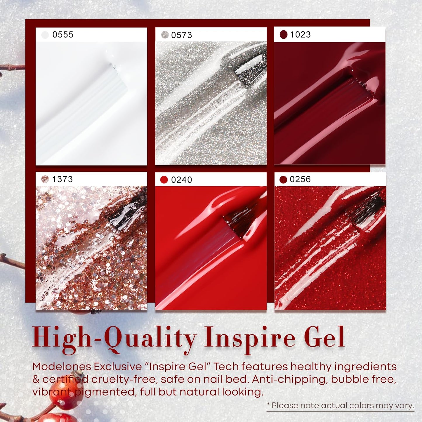 modelones Red Gel Nail Polish Set 6 Colors, 2025 Fall Winter White Glitter Sparkle Bright Burgundy Dark Rose Champagne Silver Candy Cane Nail Polish Kit Soak Off Nail Art Salon DIY Gift Women