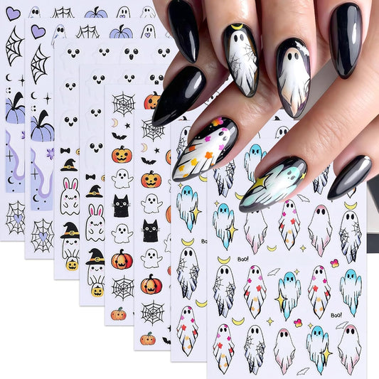 8Sheets Halloween Cute Heart Ghost Nail Stickers 3D Self-Adhesive Pumpkin Spider Web Nail Decals