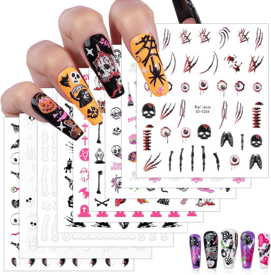 9 Sheets Halloween Nail Art Stickers 5D Embossed Nail Decals Ghost Pumpkin Bat Cat Skull Spider Web