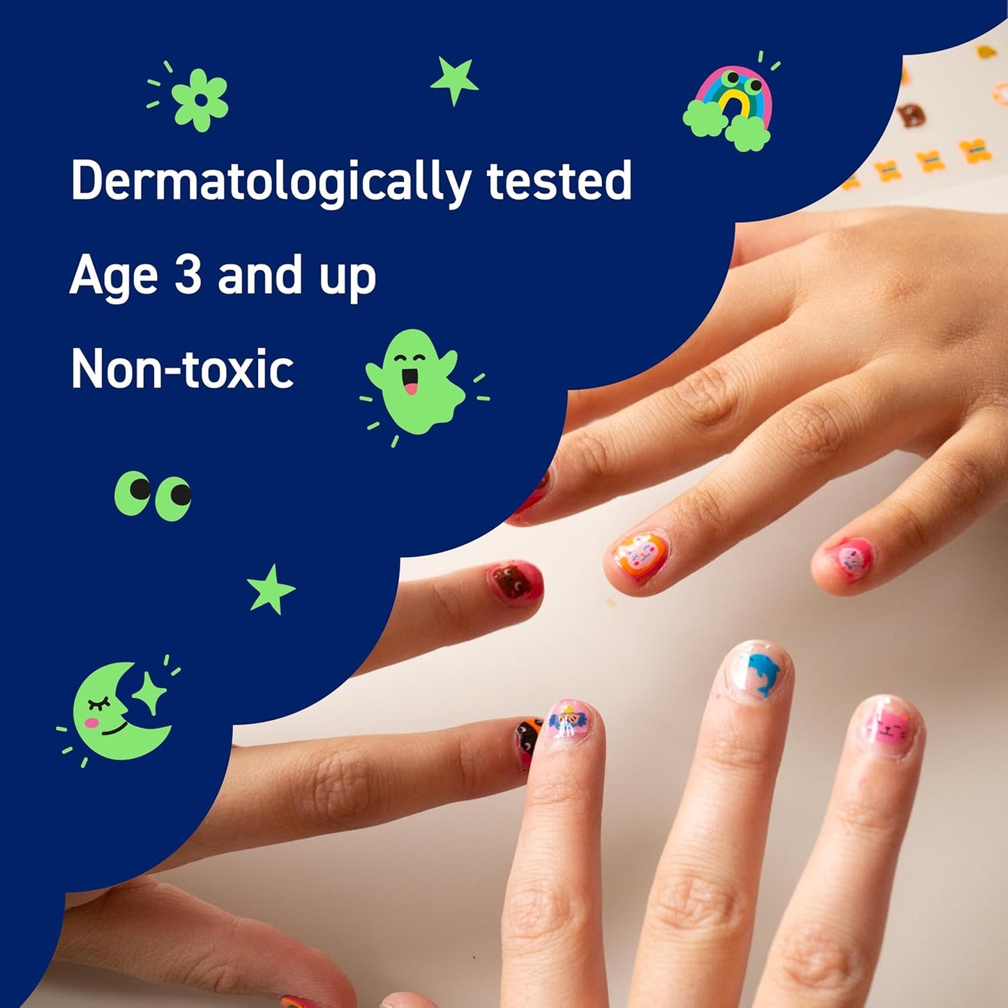 Omy Glow in The Dark Nail Stickers for Kids - 200 Stickers, Waterproof, Durable, Fun, Creative Designs | Strong Enough to Last Through Hand Washing - Easy to Apply, Safe, Non-Toxic | Age 3 and Up