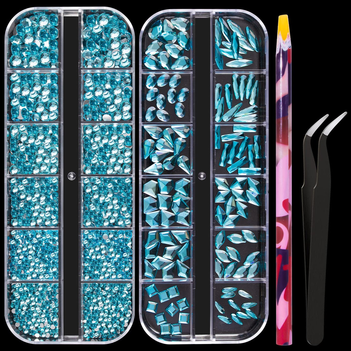 Multi Shapes Lake Blue 3D Glass Crystal Nail Art Rhinestones Kit with Flatback Round Bead Charm Gem Stone Jewelry Diamond with Pickup Pen + Tweezer for Manicure Makeup DIY Craft Decoration