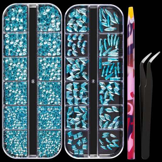 Multi Shapes Lake Blue 3D Glass Crystal Nail Art Rhinestones Kit with Flatback Round Bead Charm Gem
