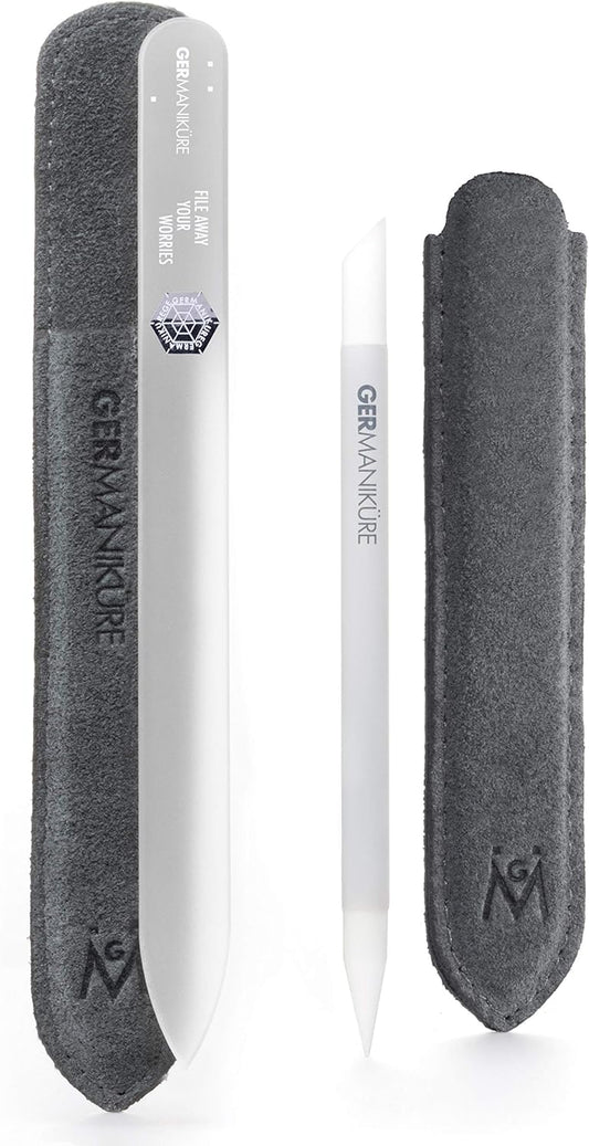 GERMANIKURE 2 Pc Glass Bundle - Crystal Glass Cuticle Stick & File Away Your Worries Nail File in Suede Sleeves – Handmade in Czech Republic – Pro Manicure Supplies – Cuticle Pusher, Callous Remover