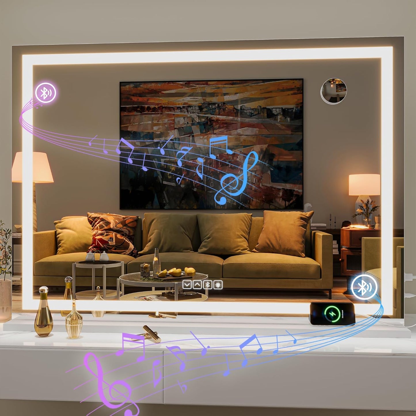 Hasipu Vanity Mirror with Lights and Bluetooth Speaker, 42" x 29.5" LED Makeup Mirror, Lighted Makeup Mirror with Dimmable 3 Modes, Touch Screen Control Vanity Mirror Square White