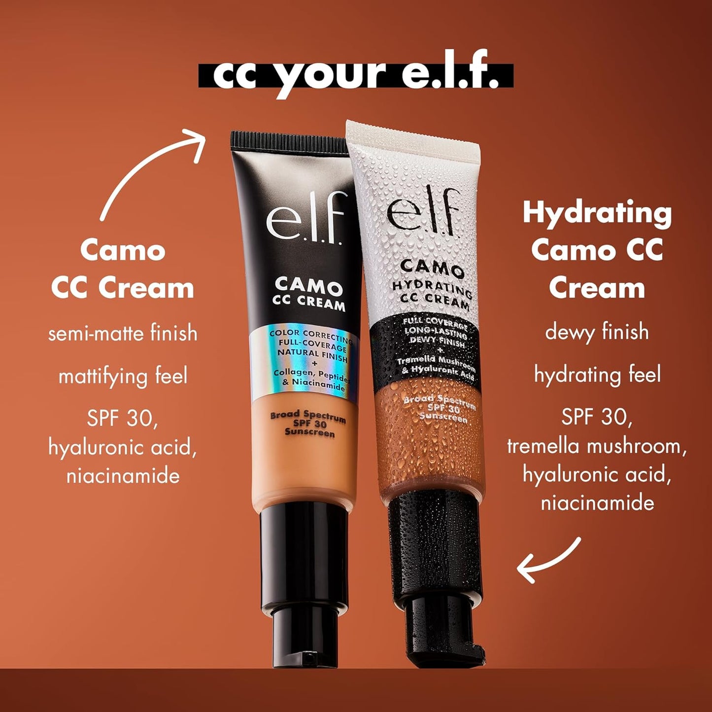 e.l.f. Hydrating Camo CC Cream, SPF 30, Color Correcting Full Coverage Foundation For A Dewy Finish, Vegan & Cruelty-Free, Tan 400 W